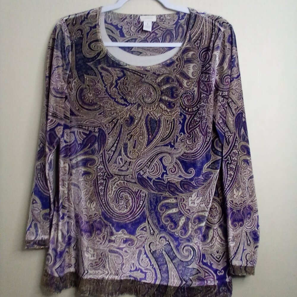 Chico's Blouse Women 1 M Long Sleeve Velvet Sparkle Pattern Purple Tan